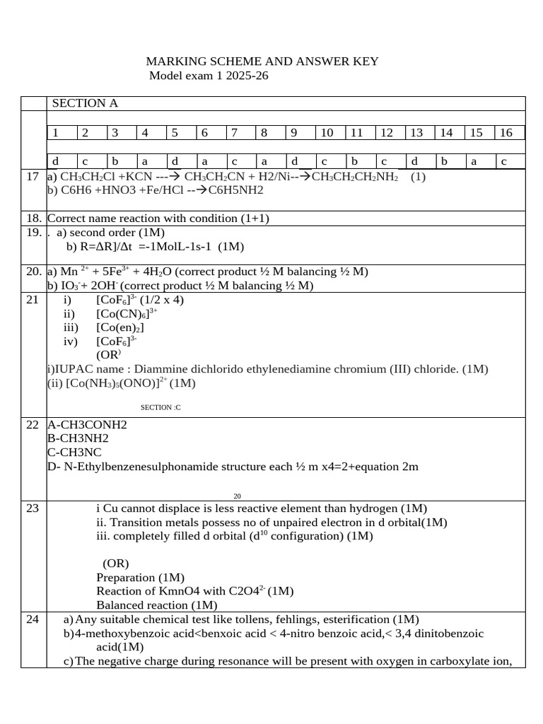 2025-26 Model Exam Marking Scheme | PDF | Transition Metals | Atoms