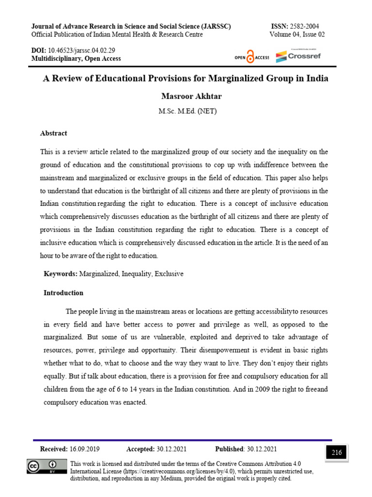 A Review of Educational Provisions For Marginalized Group in India ...