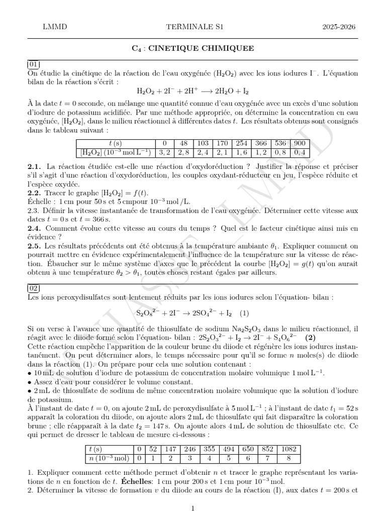 Cinétique chimique : étude de réactions | PDF | Cinétique chimique ...