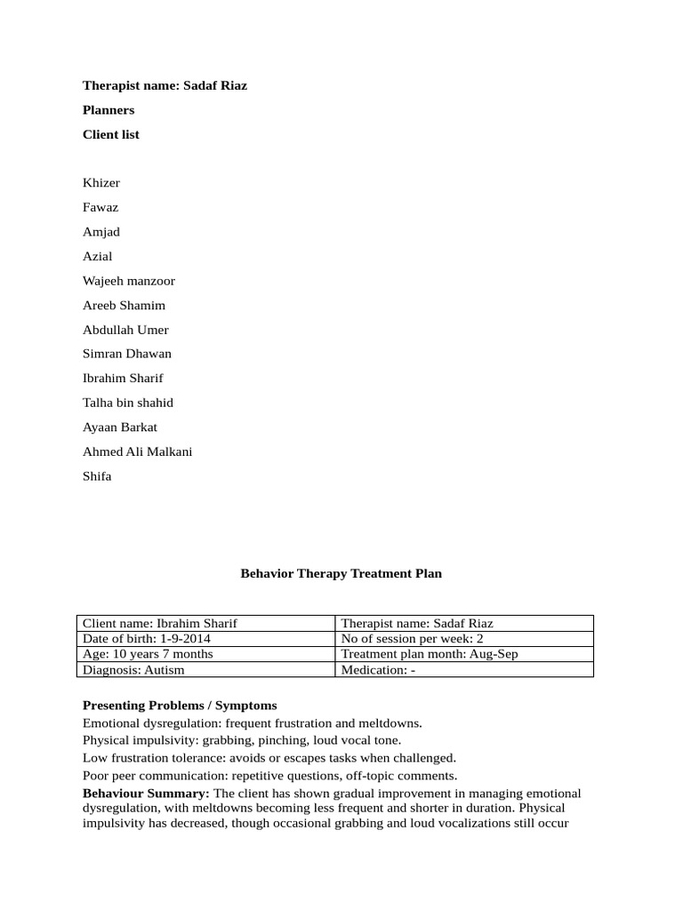 Aug-Sep 2025 Treatment Planner Sadaf Riaz | PDF | Emotional Self ...