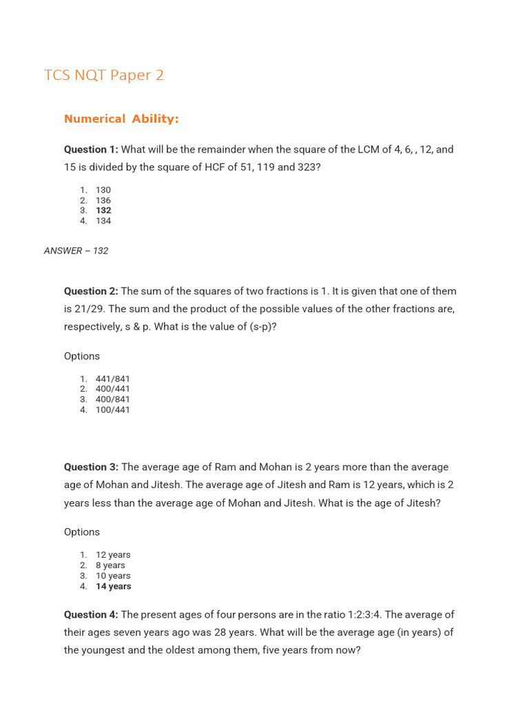 TCS NQT Paper 2 Numerical Ability Questions | PDF | Thought | Brain