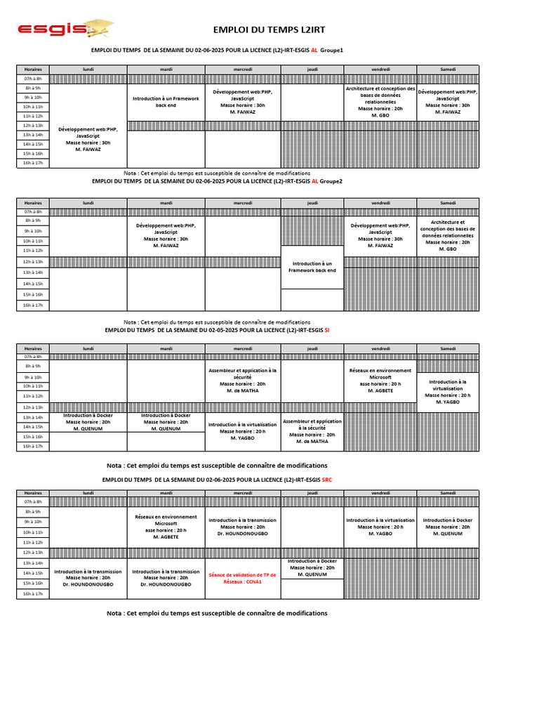 Emploi du temps L2IRT 2025 | PDF | Programmation web | l'Internet
