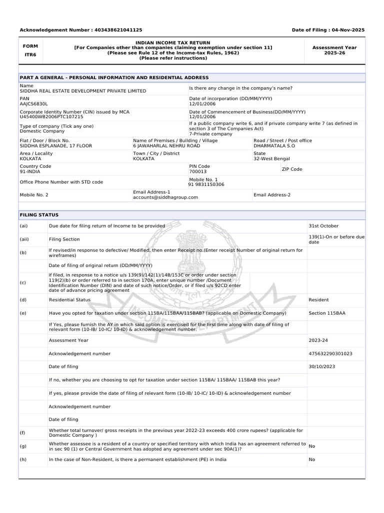 ITR6 Filing for Siddha Real Estate | PDF | Payments | Loans