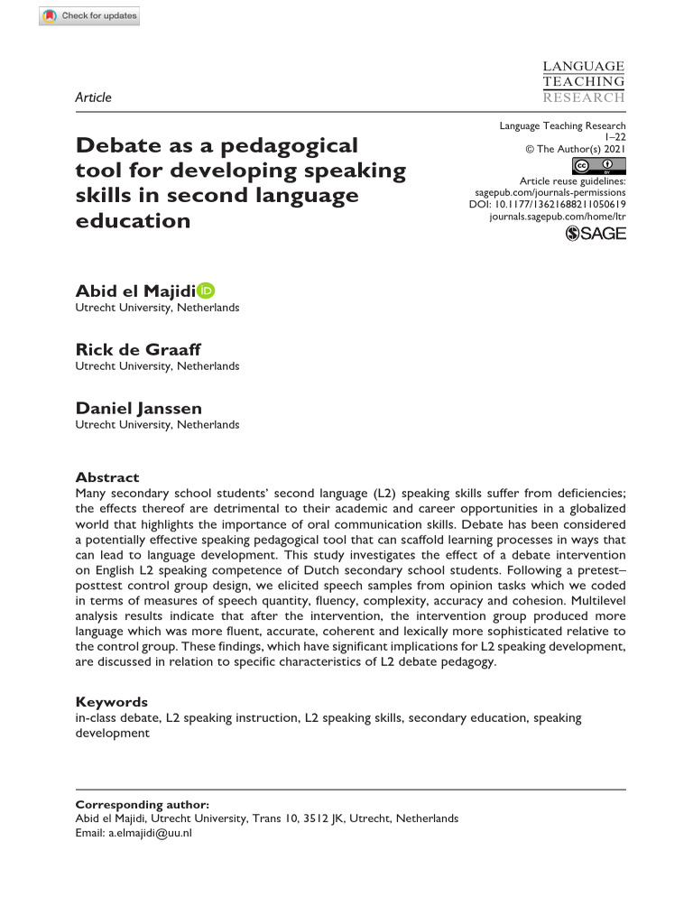 Debate as a Tool for L2 Speaking Skills | PDF | Fluency | Second Language