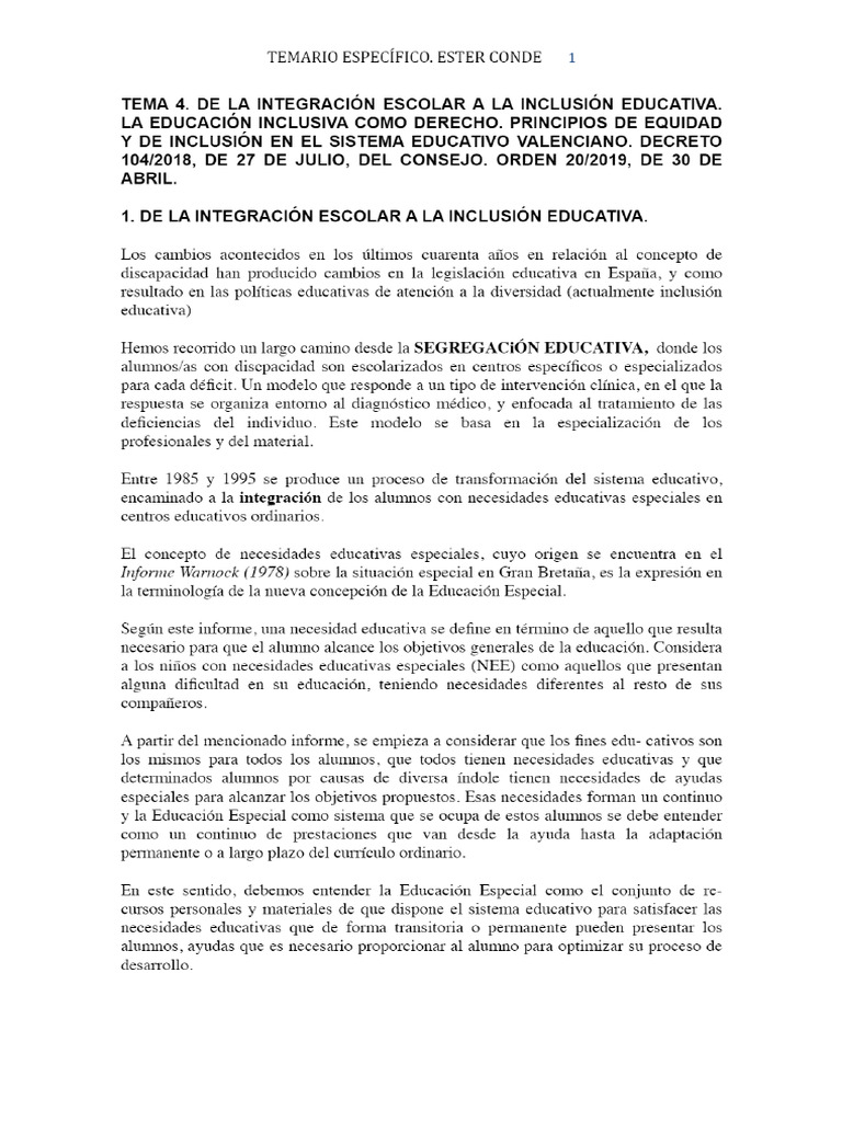 Tema 4 Decreto 104/18 de Inclusión Educativa | PDF