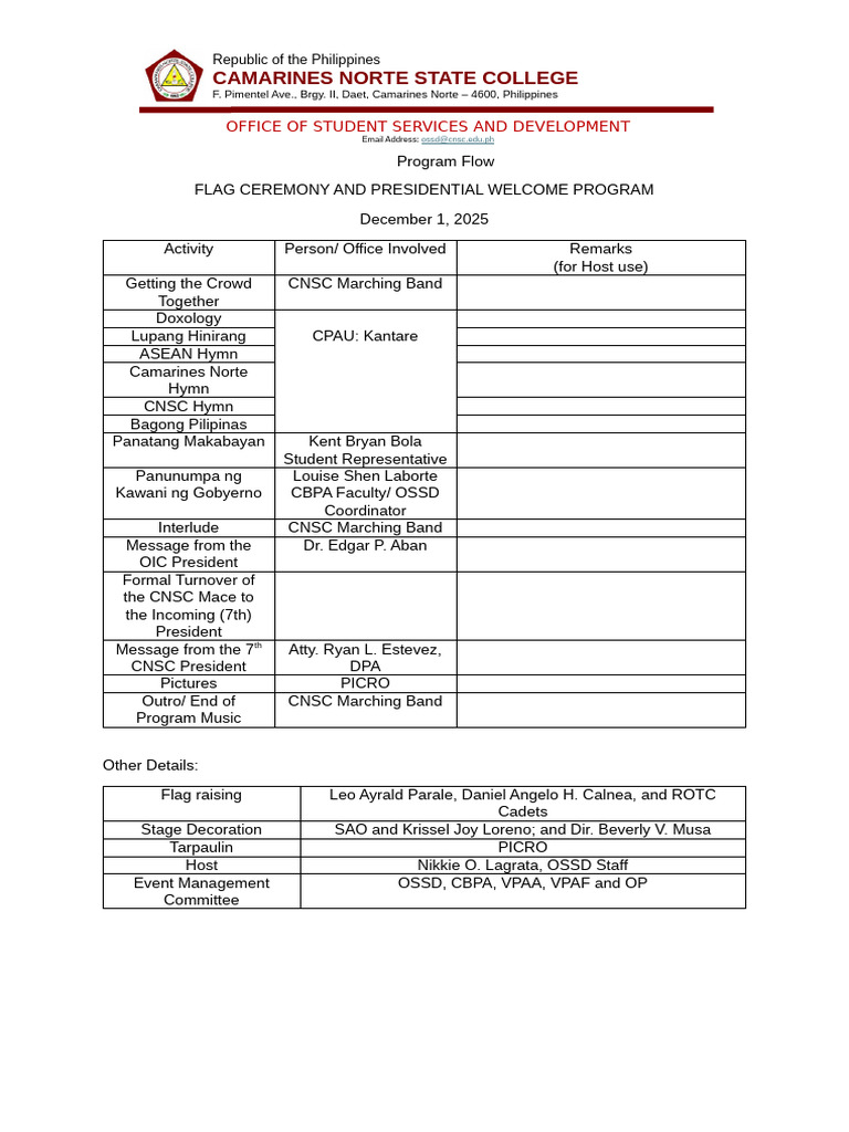 CNSC Flag Ceremony Program 2025 | PDF