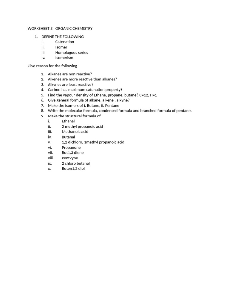 Organic Chemistry Worksheet: Key Concepts | PDF