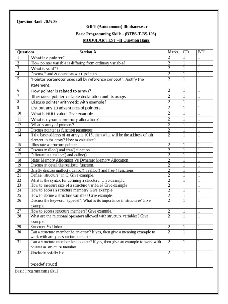2025-26 Basic Programming Skills Question Bank | PDF | Pointer ...