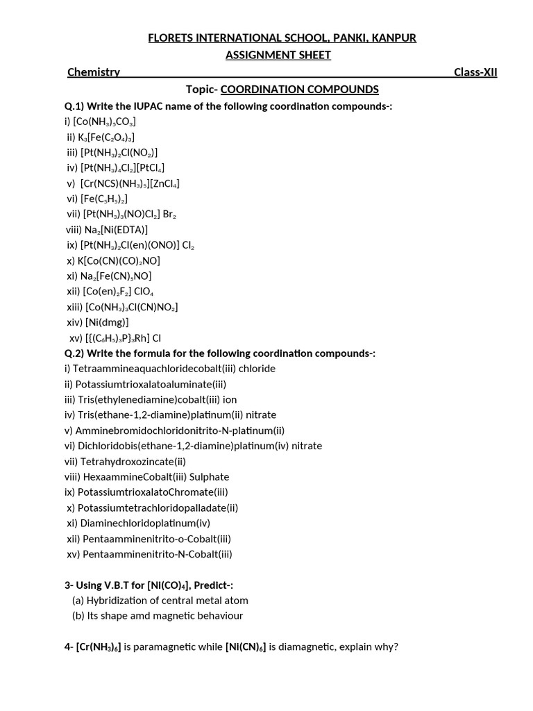 Coordination Compounds Assignment Sheet | PDF