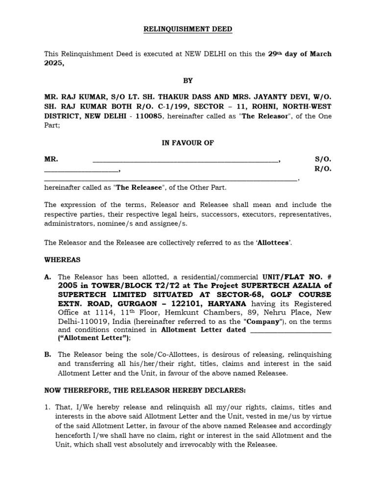 Relinquishment Deed for Property Transfer | PDF | Private Law | Common Law