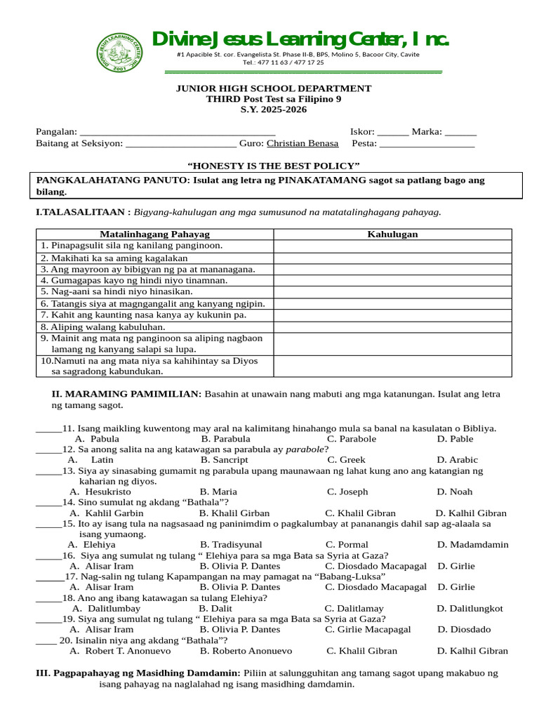 FILIPINO 9 Third Post Test | PDF