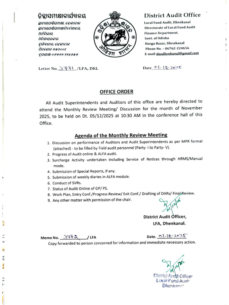 Office Order For The December Month Monthly Review Meeting | PDF