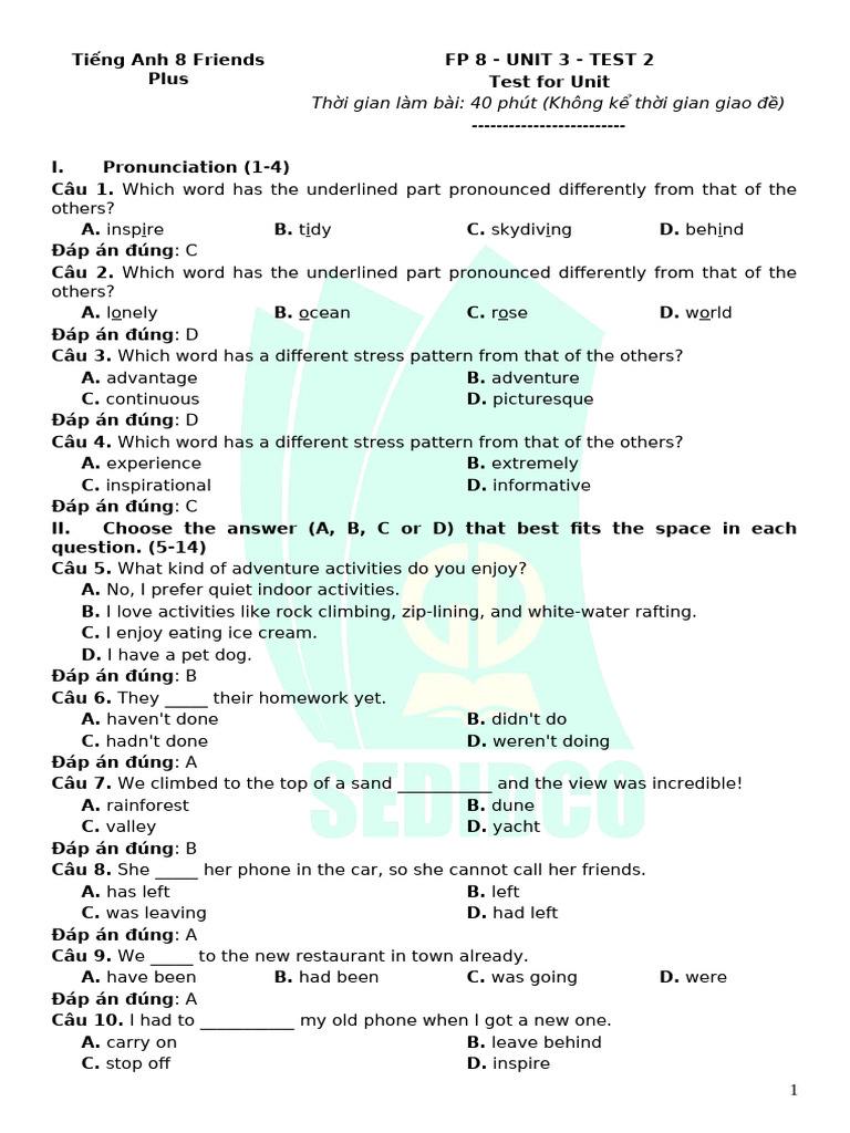 Tiếng Anh 8 Unit 3 Test 2 | PDF | Swimming | Water