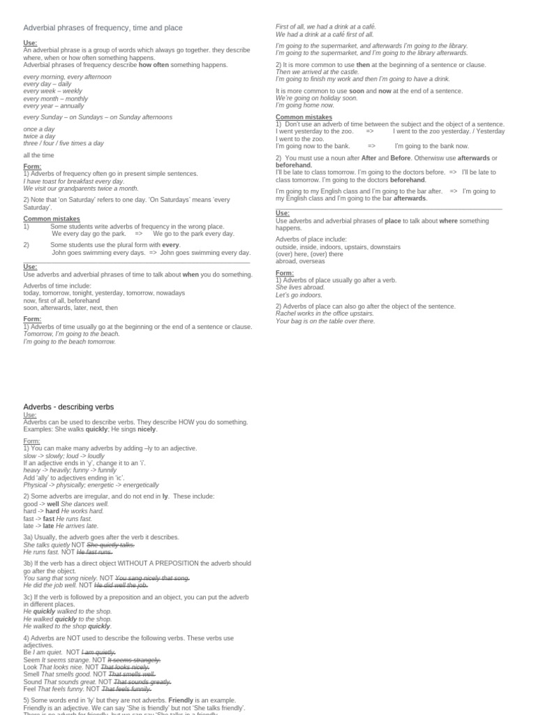 Adverbial Phrases: Frequency, Time, Place | PDF | Adverb | Linguistics