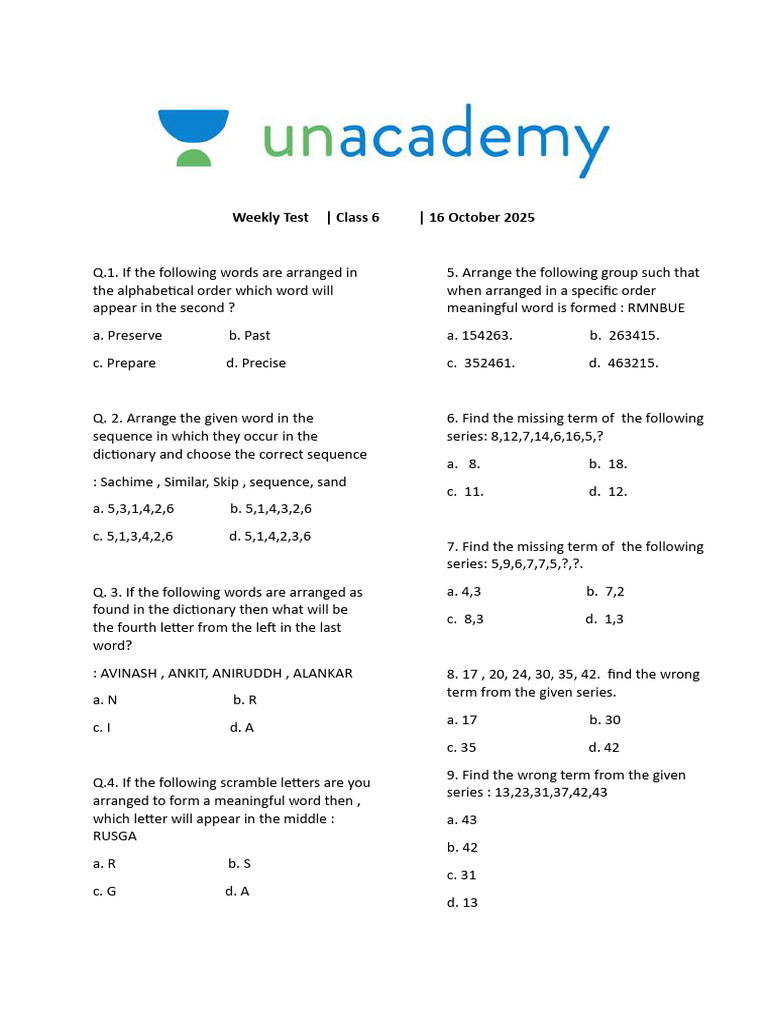 Class 6 Weekly Test Questions | PDF | Linguistics | Chess Theory