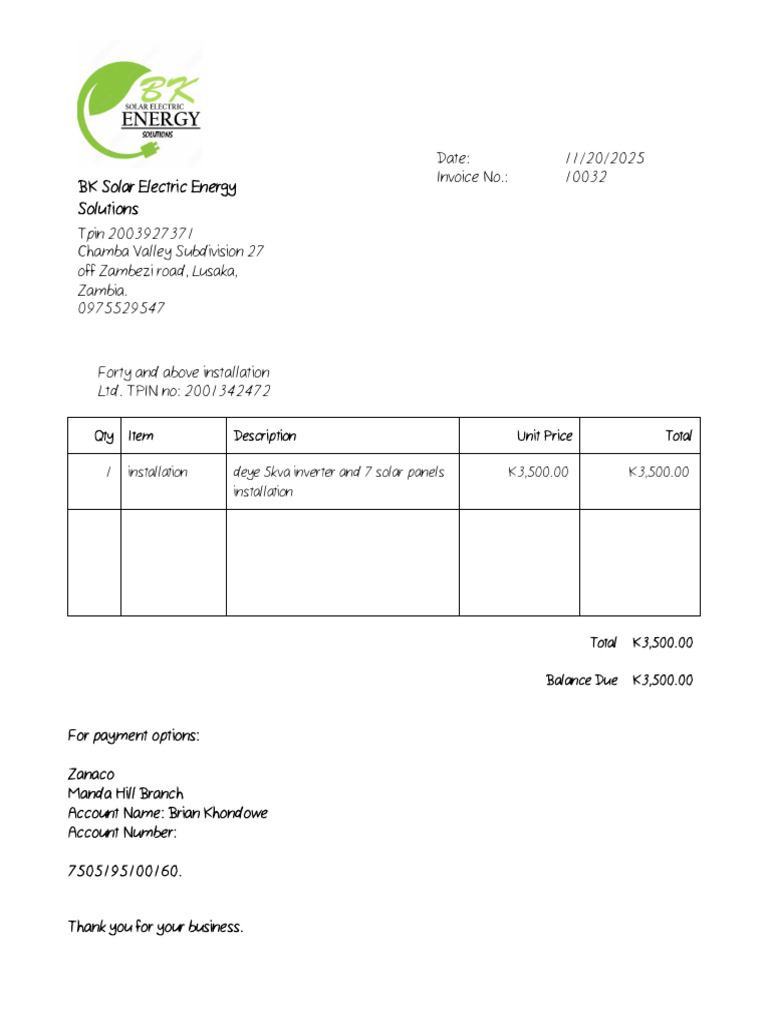 Invoice for Solar Panel Installation | PDF