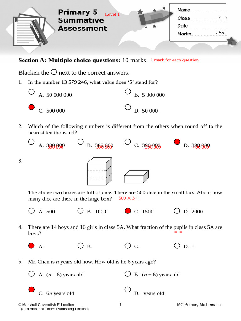 MCPM SummativeAssessment P5 Level1 Eng | PDF | Shape | Mathematics