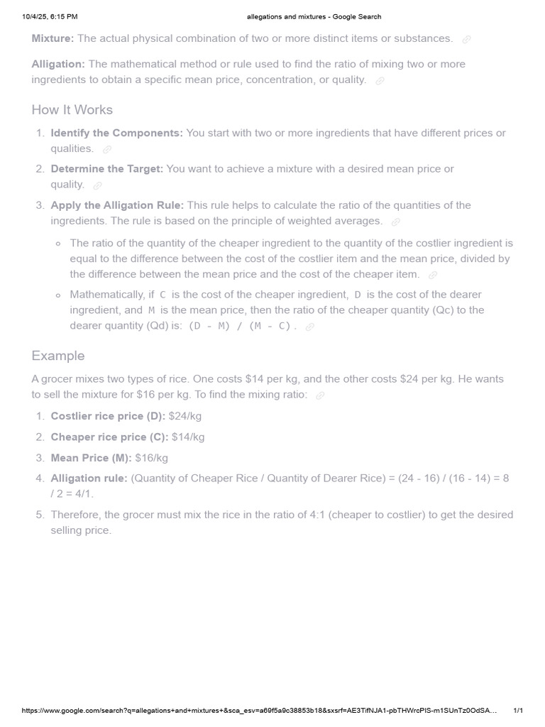 Alligation Method for Mixing Ingredients | PDF