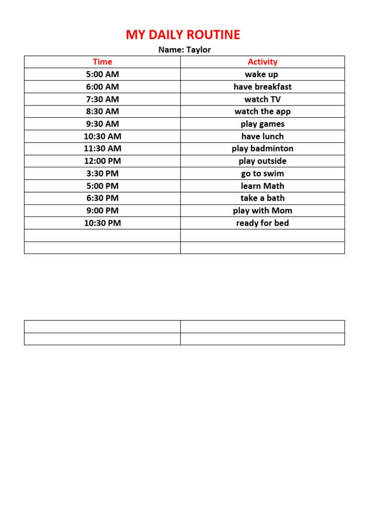 Taylor's Daily Routine Schedule | PDF