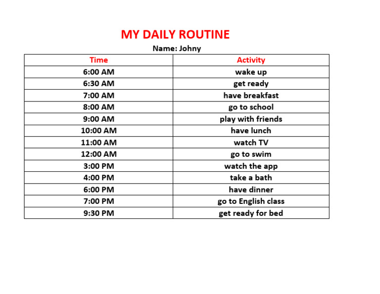 Johny's Daily Routine Schedule | PDF