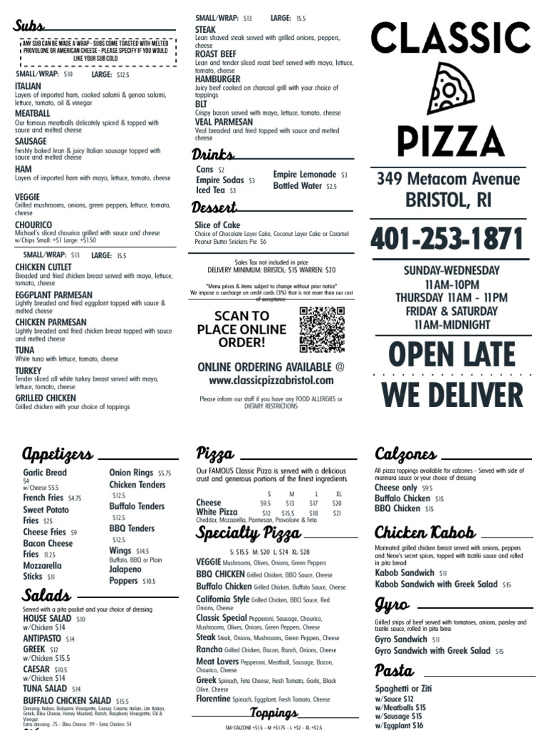 Classic Pizza Menu & Delivery Info | PDF | Salad | Italian Cuisine