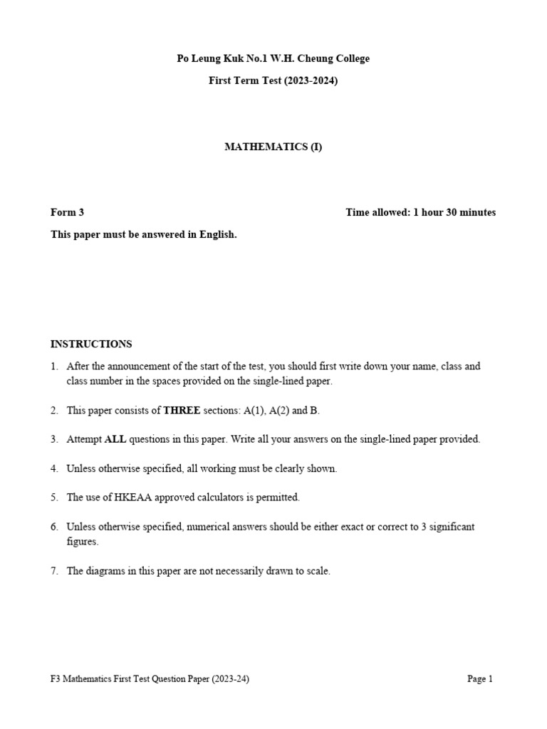 F3 Mathematics Test Paper 2023-24 | PDF | Numbers | Mathematics
