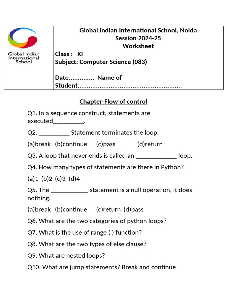 CS_Worksheet Ch-Flow of Control_Class11 | PDF | Control Flow | Computing