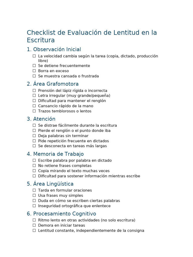 Checklist de Evaluación de Lentitud en Escritura | PDF