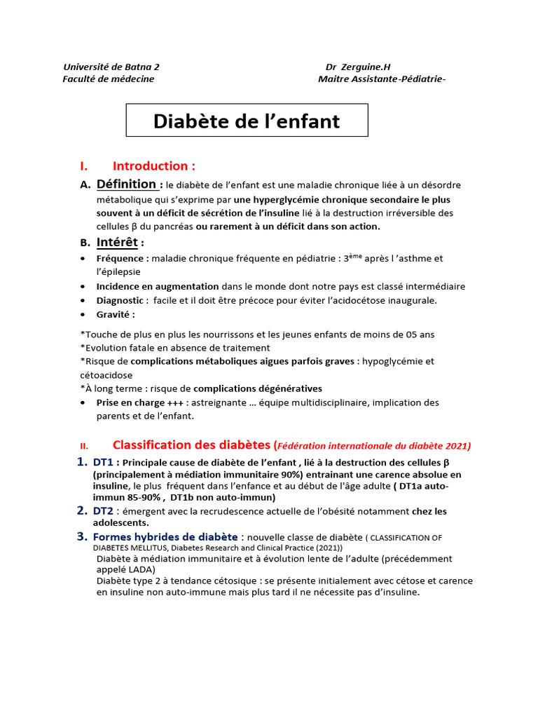 Diabète de l'enfant : Épidémiologie et prise en charge | PDF | Insuline ...