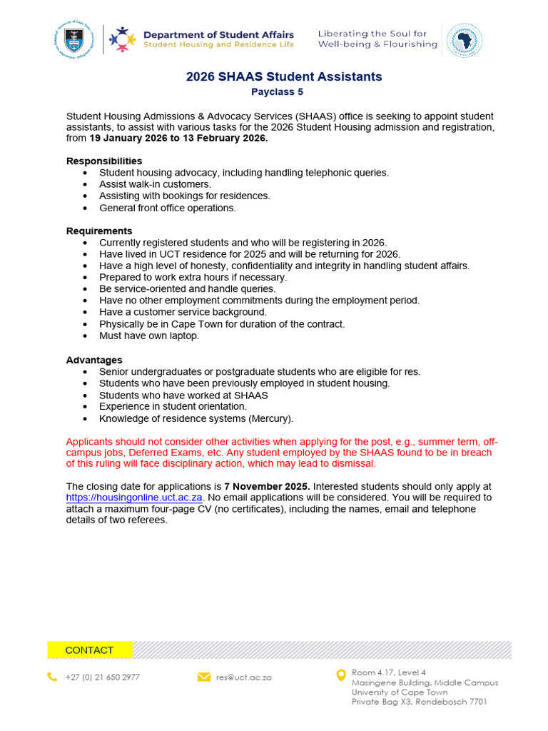 2026 UCT SHAAS Student Assistant Roles | PDF