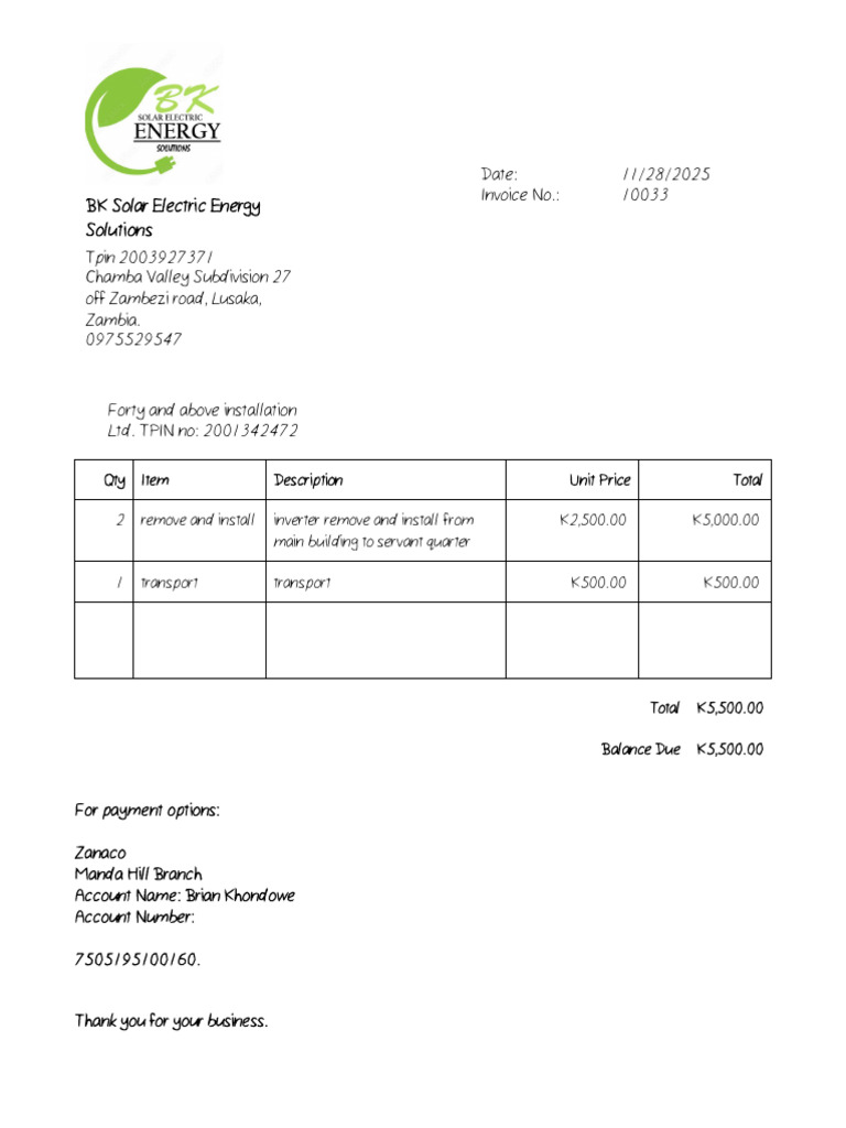 Invoice for Solar Installation Services | PDF