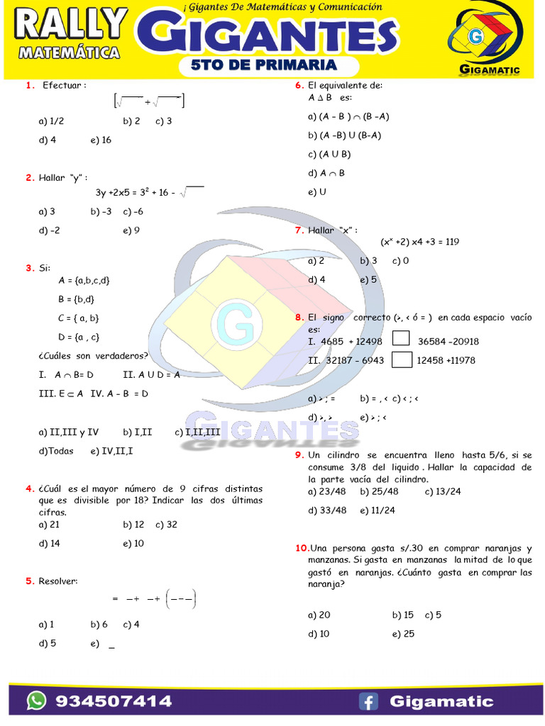 Ejercicios de Matemáticas para 5to de Primaria | PDF