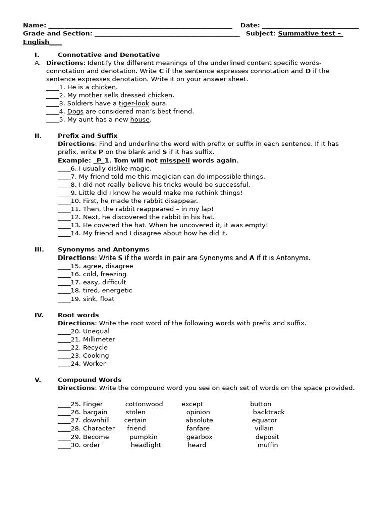 English Summative Test: Vocabulary Skills | PDF | Linguistic Typology ...