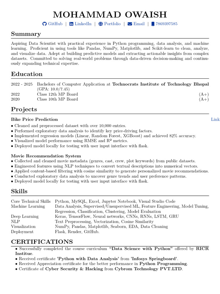 Mohammad Owaish Latest Resume | PDF | Data Analysis | Machine Learning