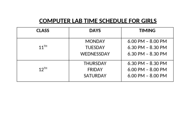 Girls Computer Lab Schedule | PDF