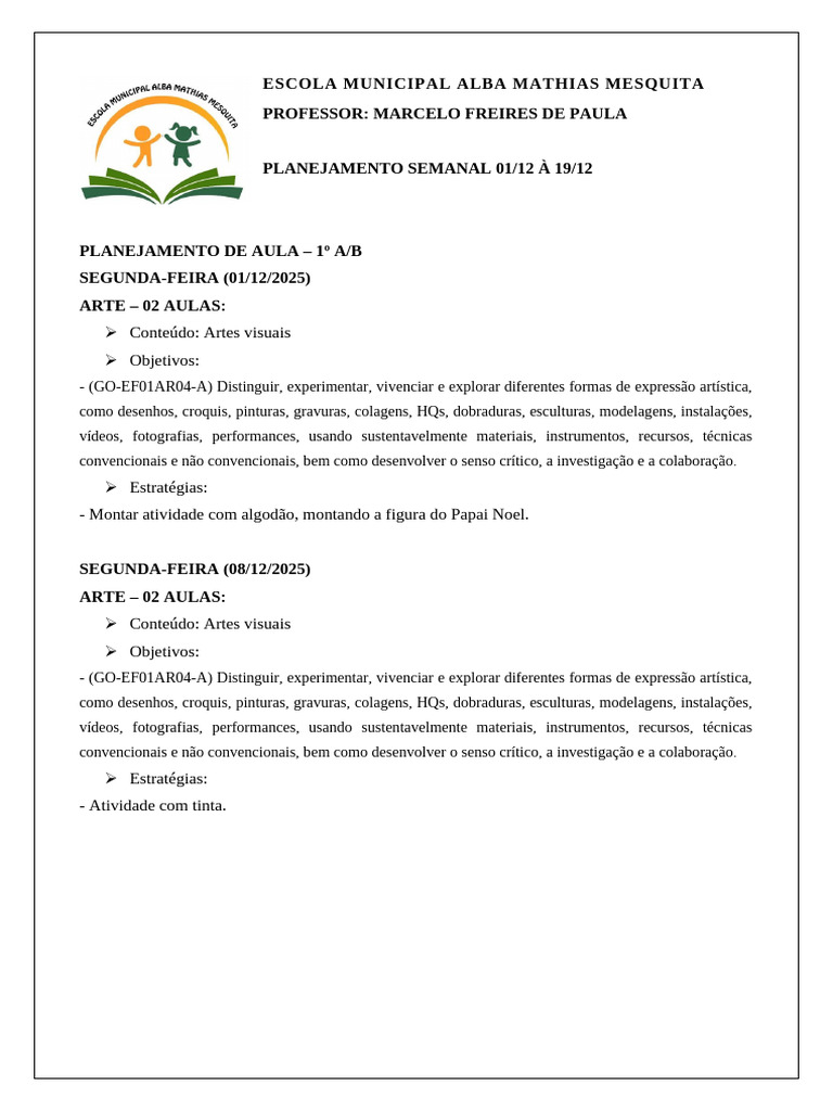Planejamento de Aulas de Arte 2025 | PDF