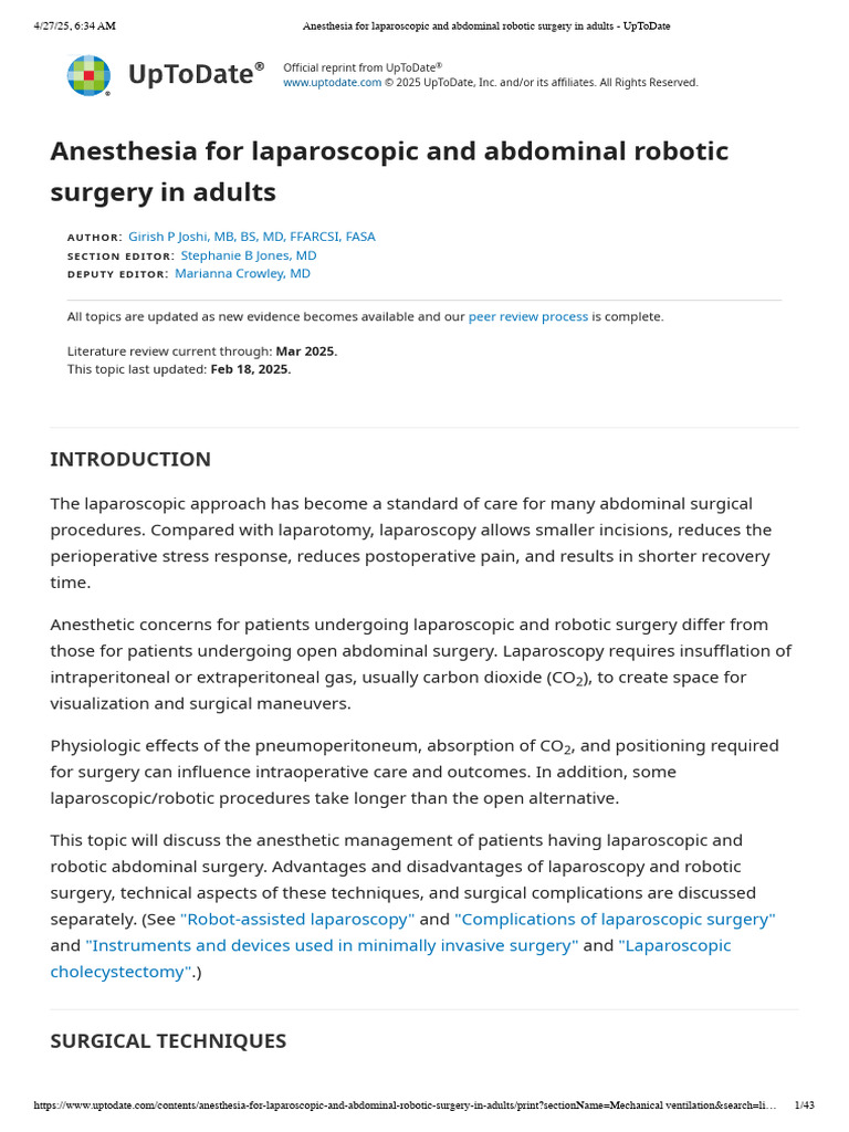 Anesthesia for Laparoscopic Surgery | PDF | Surgery | Anesthesia