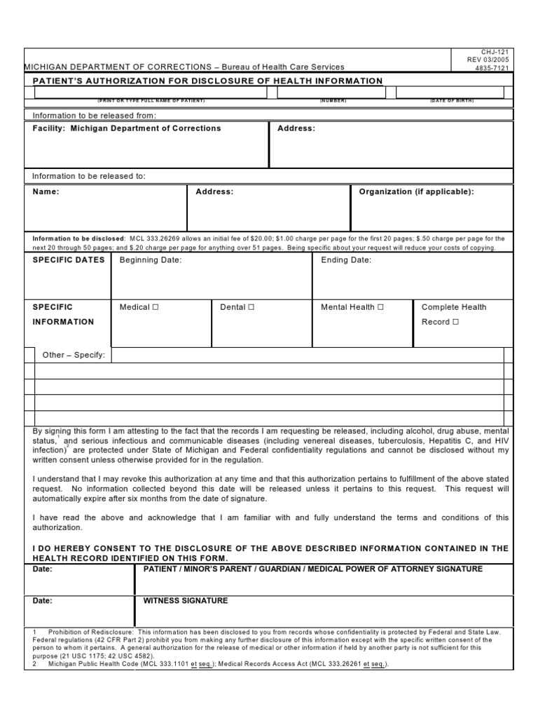 Prisoner Form Medical Mental Health Records Confidentiality Infection