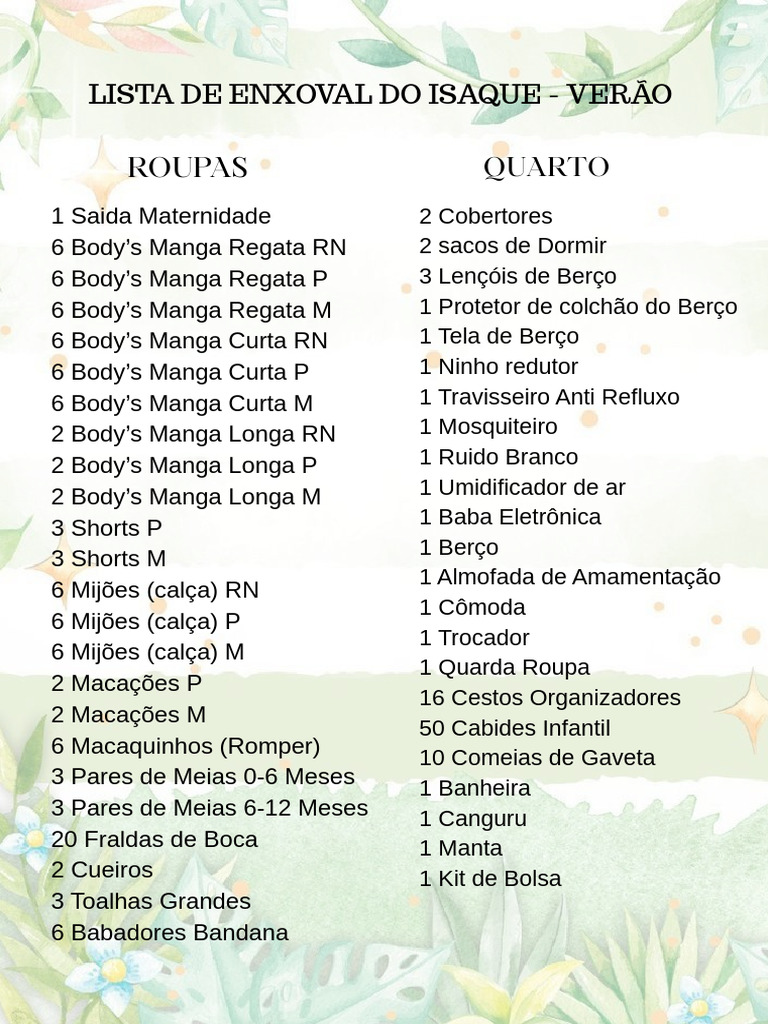 Enxoval Completo para Bebê Isaque Verão | PDF