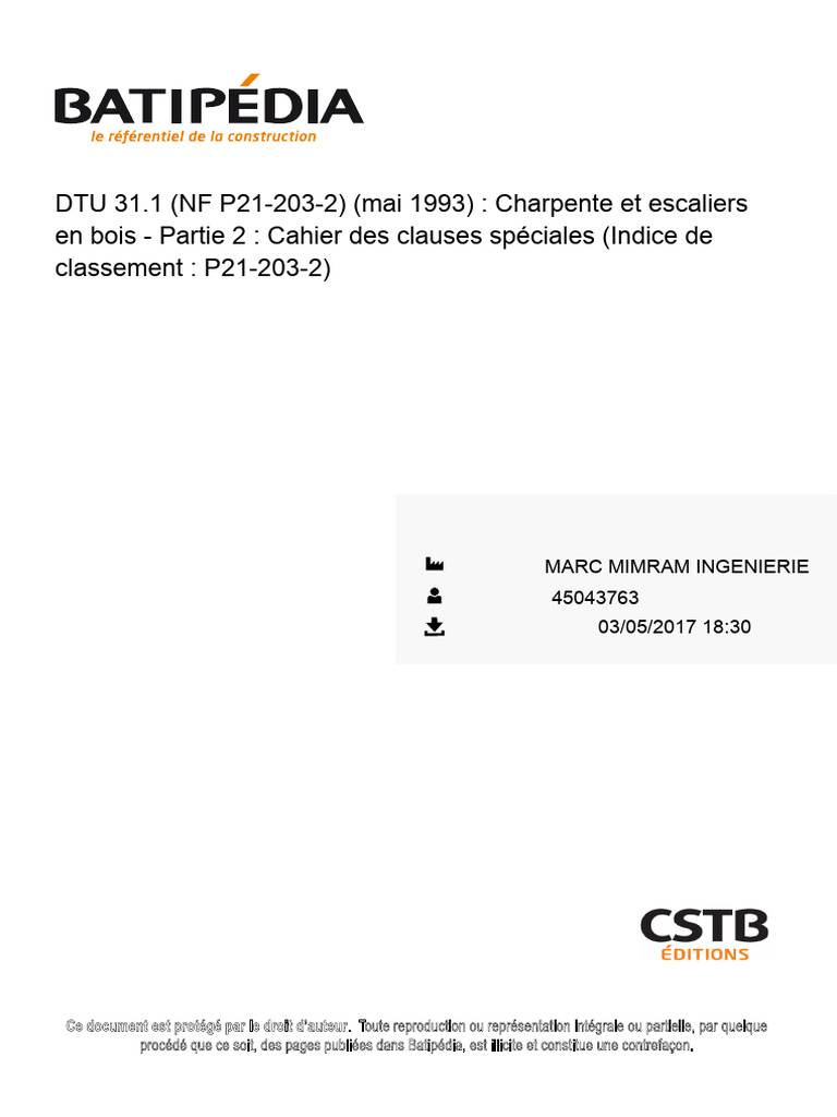 Cahier des clauses DTU 31.1 Charpente bois | PDF | Code de la ...
