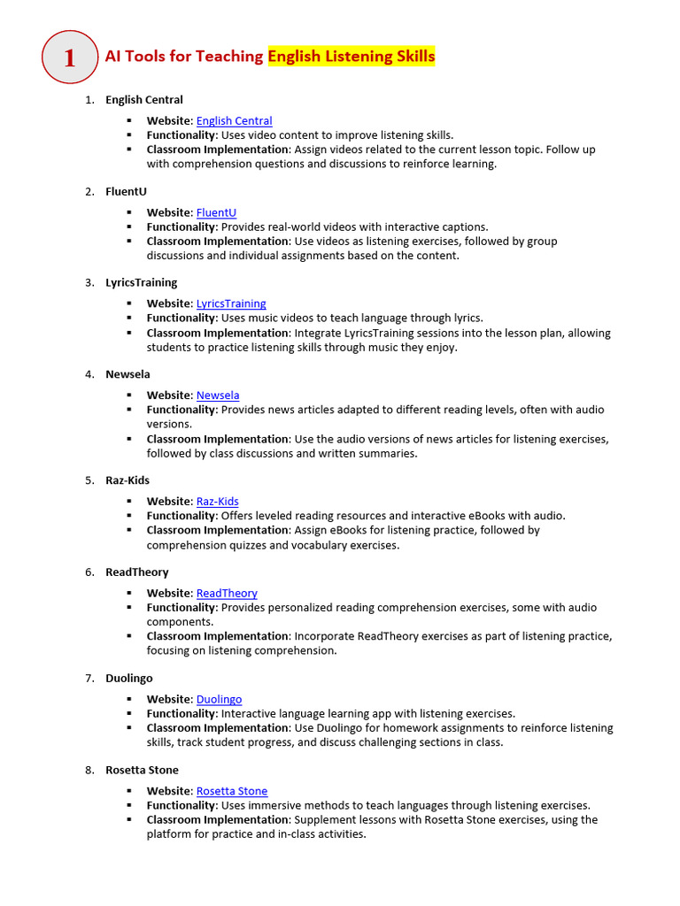 AI Tools for Enhancing English Listening Skills | PDF | Reading ...