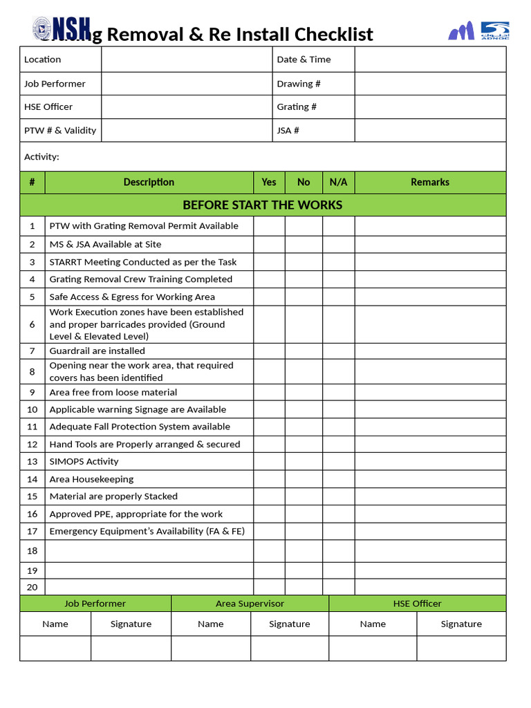 Grating Removal Checklist Guide | PDF
