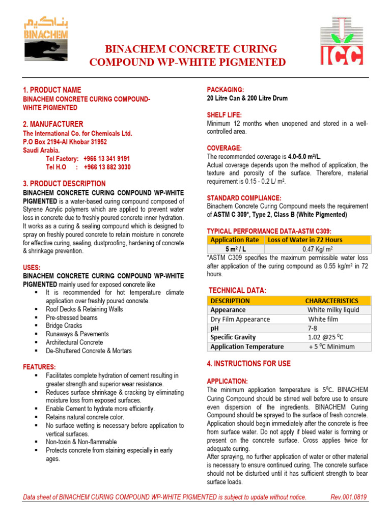 Binachem White Pigmented Curing Compound | PDF | Concrete | Materials