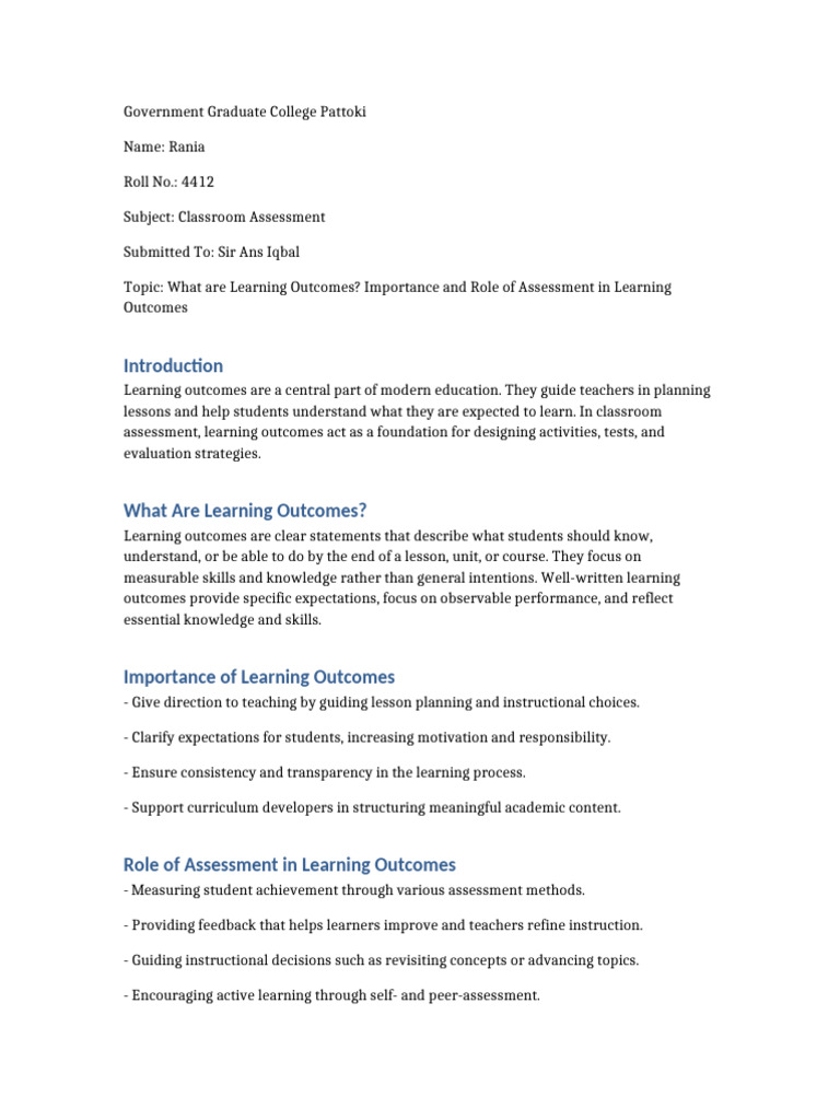 Learning Outcomes Assignment | PDF