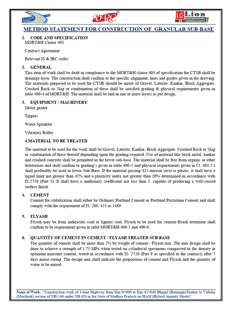 Method Statement For Construction of Granular Sub-Base | PDF | Road ...