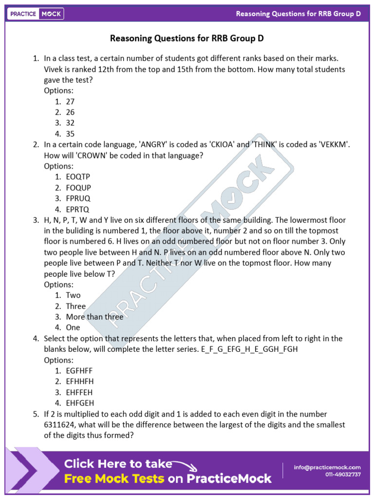 RRB Group D Reasoning Questions Guide | PDF | Chess | Chess Theory