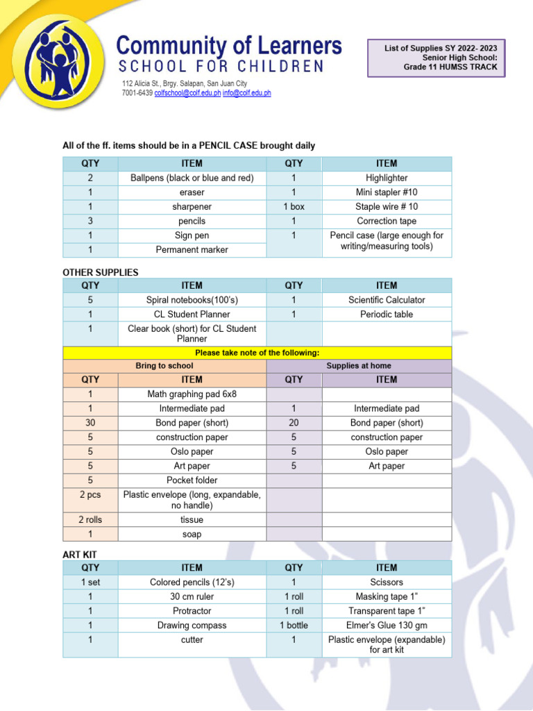 Grade 11 HUMSS Supply List 2022-2023 | PDF | Stationery | Tools