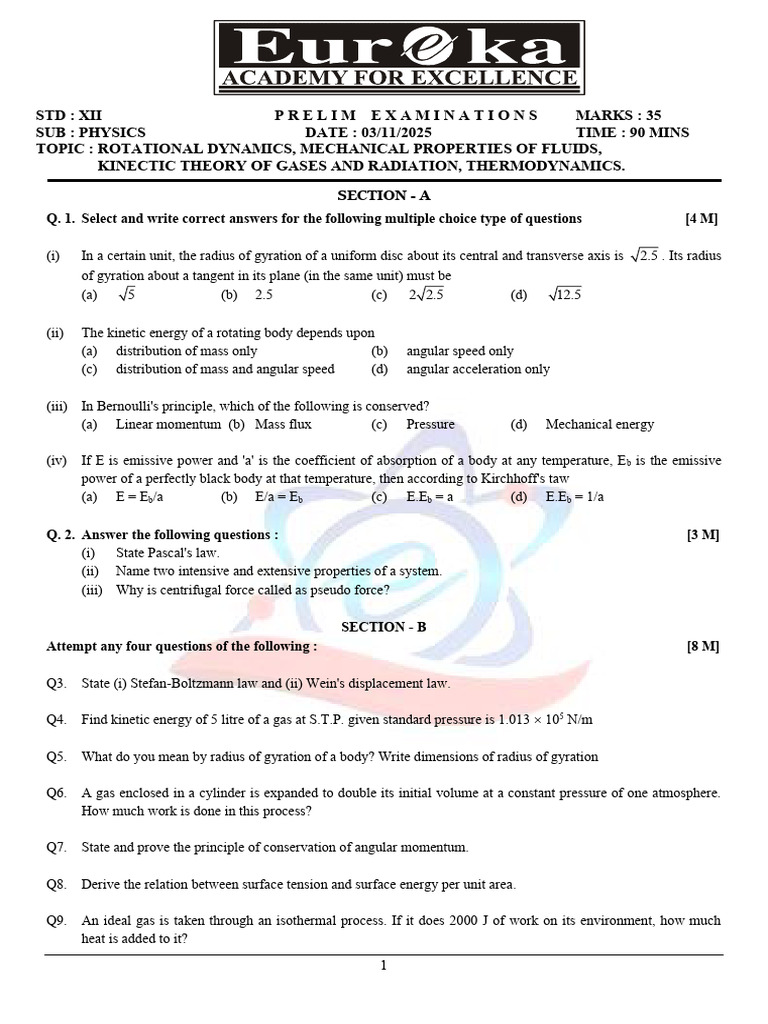 Physics XII Prelim Exam: Dynamics & Thermodynamics | PDF | Mole (Unit ...