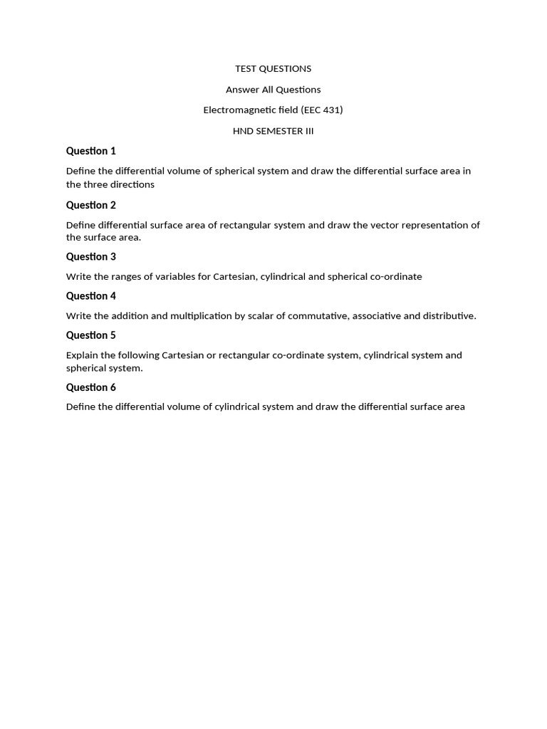 TEST QUESTIONS On Electromagnetic Field EEC 431 | PDF