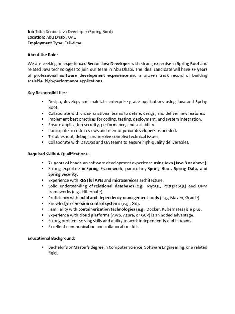 Senior Java Developer Job in Abu Dhabi | PDF